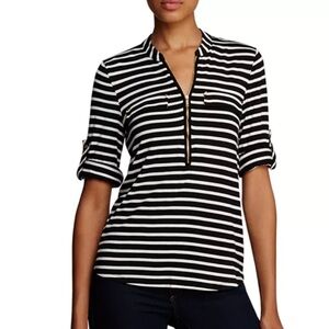 🔴 4/$15 CK Calvin Klein Women’s S B&W Stripe Zip Up V-Neck 3/4 Sleeve Top in EUC